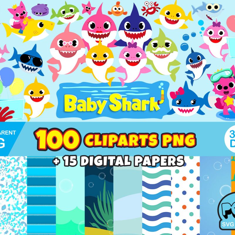 Baby Shark 100 cliparts bundle, transparent PNG, designs for decoration / sublimation, instant download
