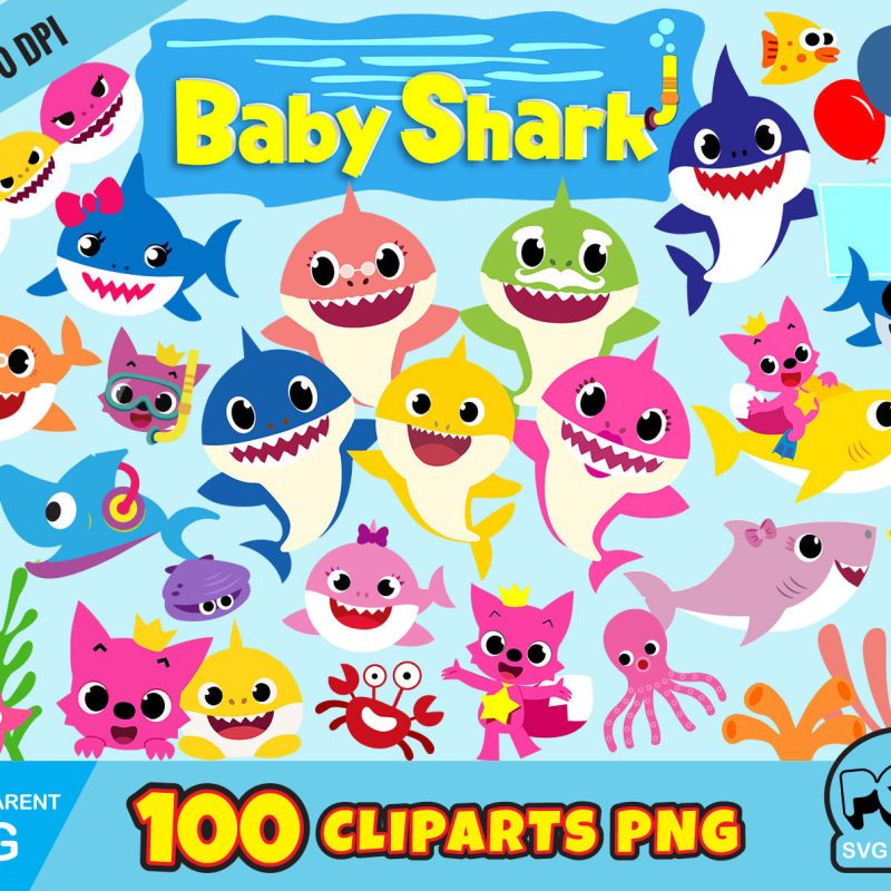 Baby Shark 100 cliparts set, transparent PNG, designs for decoration / sublimation, instant download