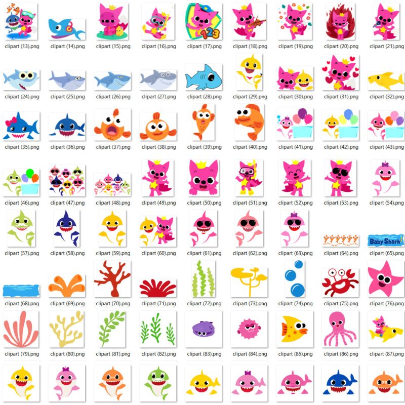 Baby Shark 100 cliparts bundle, transparent PNG, designs for decoration / sublimation, instant download