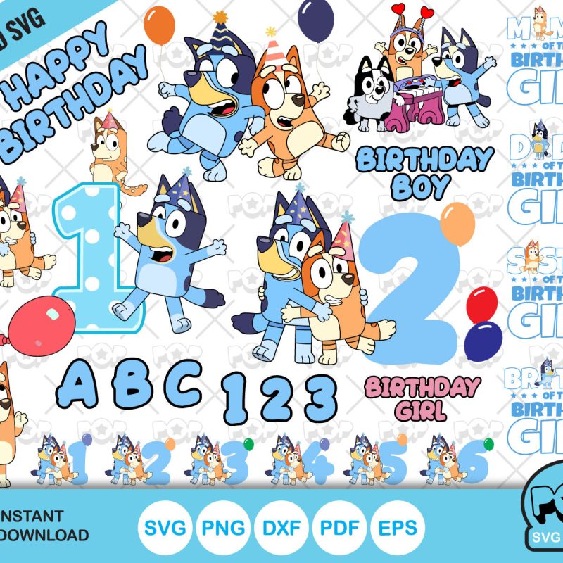 Bluey Birthday clipart set + alphabet, Bluey SVG cut files for Cricut / Silhouette, PNG DXF, instant download