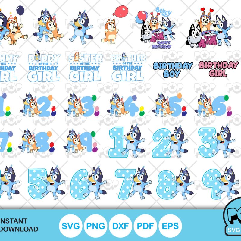 Bluey Birthday clipart set + alphabet, Bluey SVG cut files for Cricut / Silhouette, PNG DXF, instant download