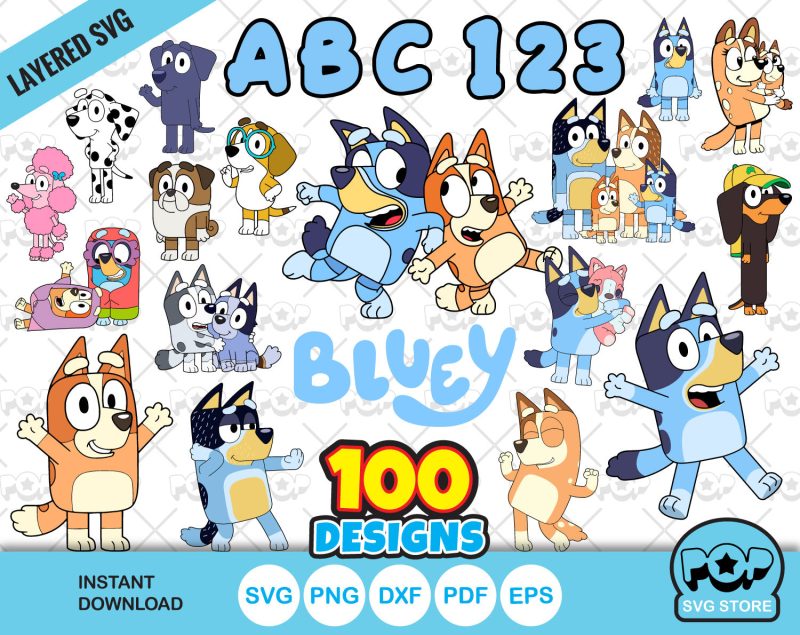 Bluey 100 cliparts set + alphabet, Bluey the dog SVG cut files for Cricut / Silhouette, PNG DXF, instant download