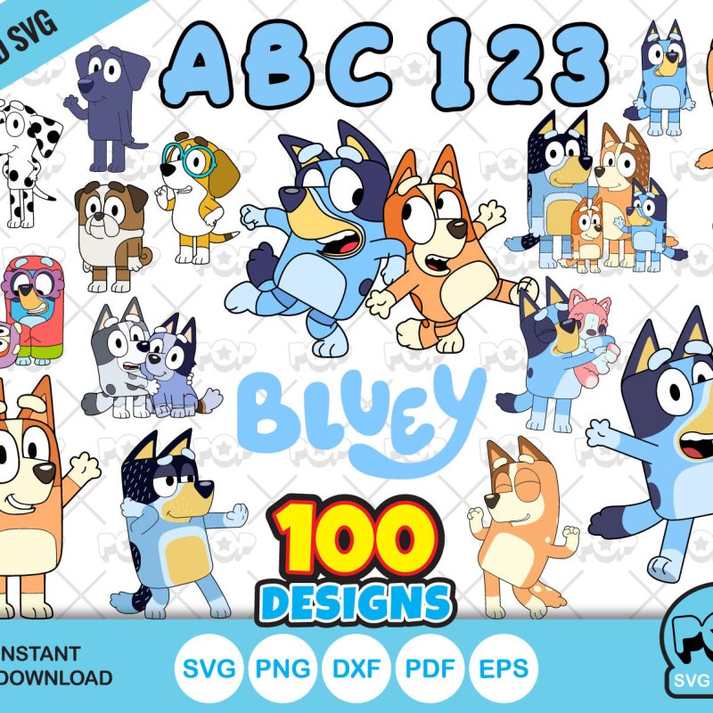 Bluey 100 cliparts set + alphabet, Bluey the dog SVG cut files for Cricut / Silhouette, PNG DXF, instant download