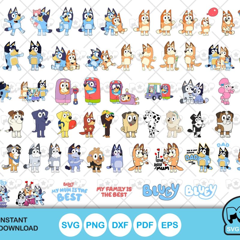 Bluey 100 cliparts set + alphabet, Bluey the dog SVG cut files for Cricut / Silhouette, PNG DXF, instant download