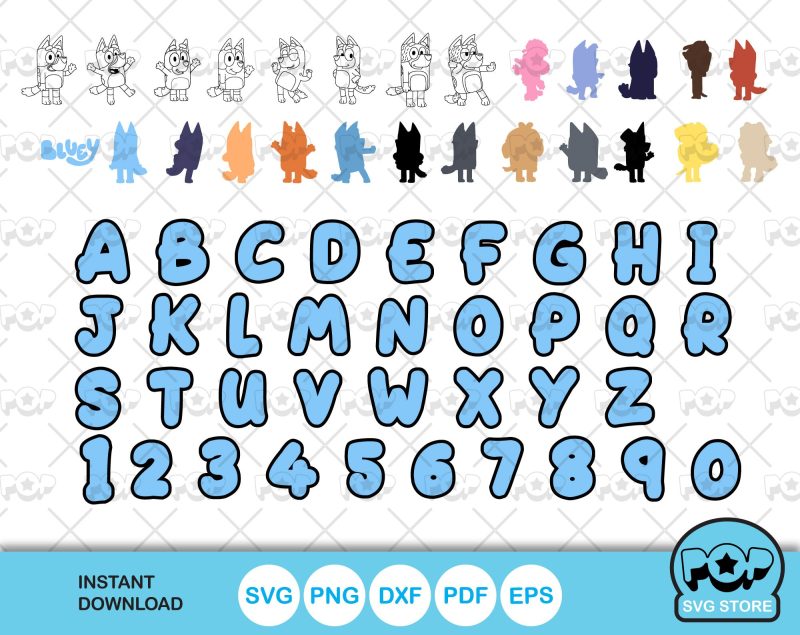 Bluey 100 cliparts set + alphabet, Bluey the dog SVG cut files for Cricut / Silhouette, PNG DXF, instant download