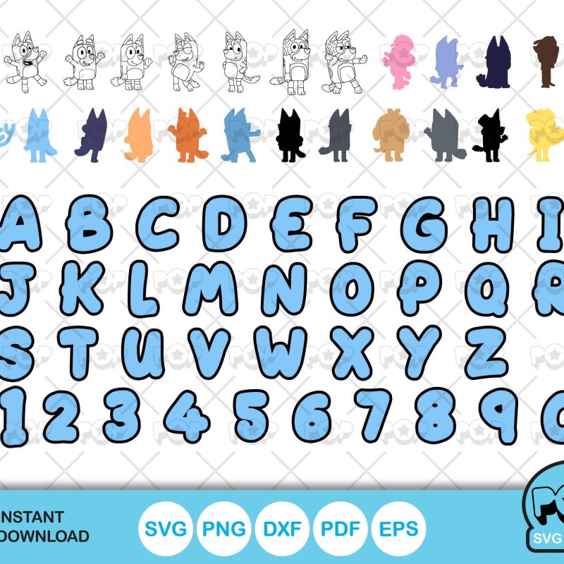 Bluey 100 cliparts set + alphabet, Bluey the dog SVG cut files for Cricut / Silhouette, PNG DXF, instant download