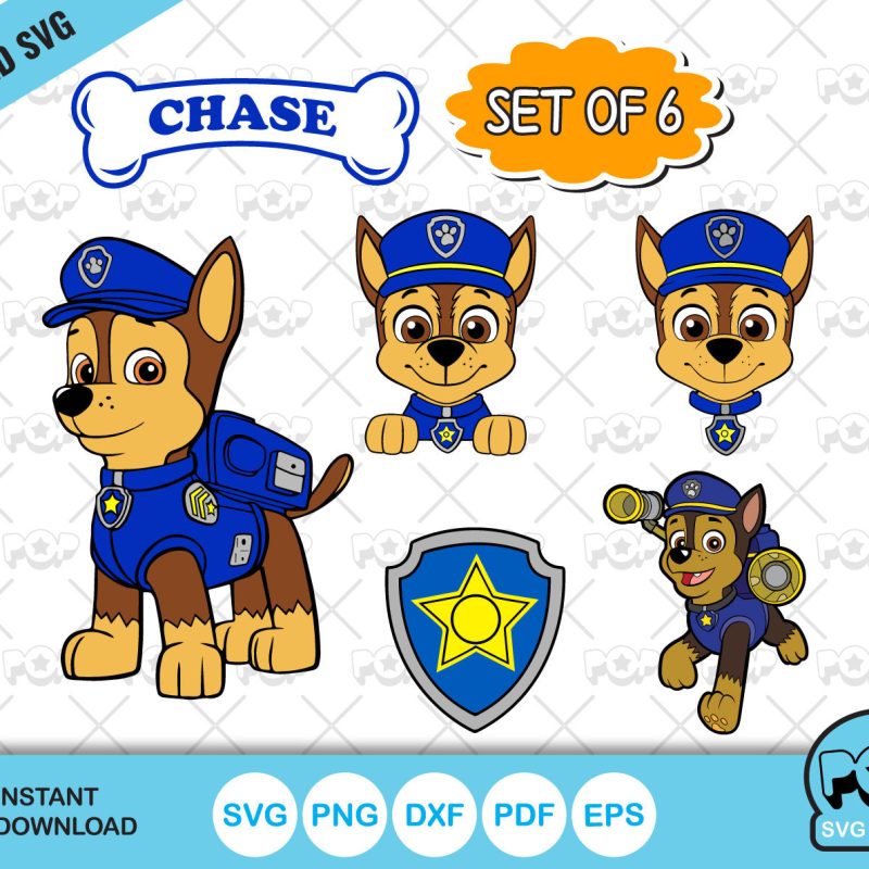 Chase 6 cliparts bundle, Paw Patrol SVG cut files for Cricut Silhouette, PNG, DXF, instant download